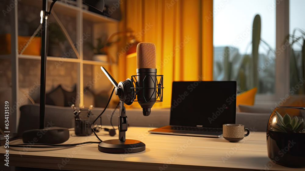 Home studio podcast interior. Microphone, laptop and on air lamp on the table. Generative Ai
