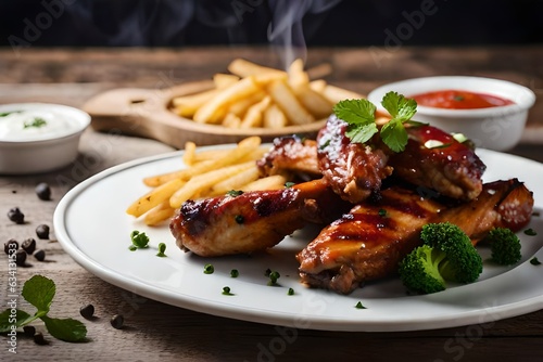 Fried chicken wings with bbq sauce and french fries on artificial intelligence neutral background