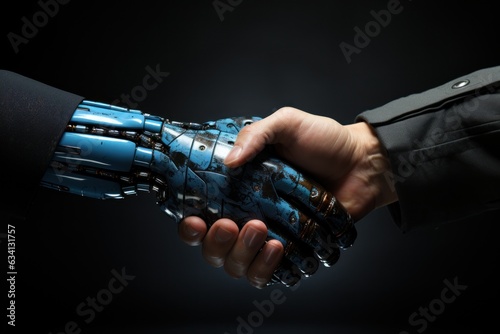 Unity robot ai and human handshake on background.
