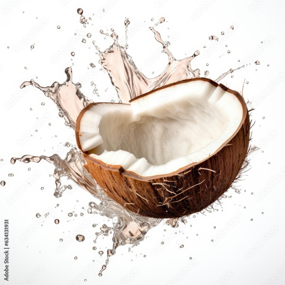 Coconut in splashes. Falling of coconut with water splash isolated on white background Coconut in splashes. Falling of coconut with water splash isolated on white background