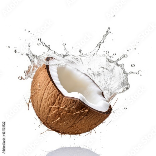 Coconut in splashes. Falling of coconut with water splash isolated on white background