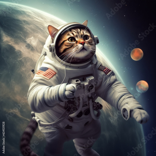 Illustration of a cat in an astronaut suit floating in space with the Earth in the background