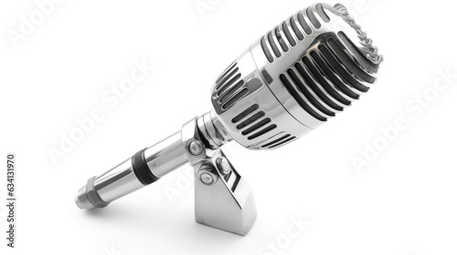 A Microphone. Vintage silver microphone isolated on white background. Generative Ai