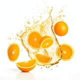 Oranges in splashes. Falling of slice oranges with water splash isolated on white background