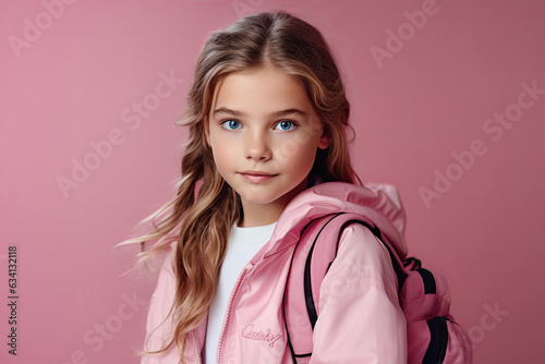 niña de pelo largo y ojos azules, sonriente, vistiendo chaqueta rosa, portando mochila escolar. Concepto vuelta al cole photo