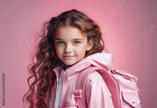 niña de pelo largo y ojos azules, sonriente, vistiendo chaqueta rosa, portando mochila para vuelta ir al colegio, ilustración de IA generativa photo