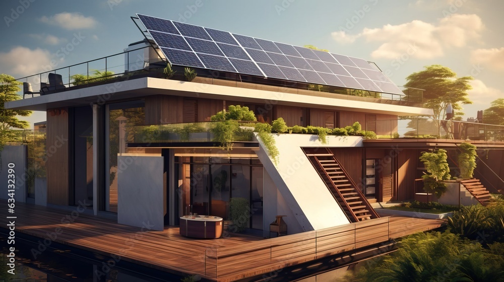 Fototapeta premium Solar panels on the roof of modern building. Created using generative AI technology.