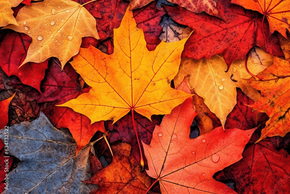 Colorful autumn leaves background. Top view of fallen maple leaves.