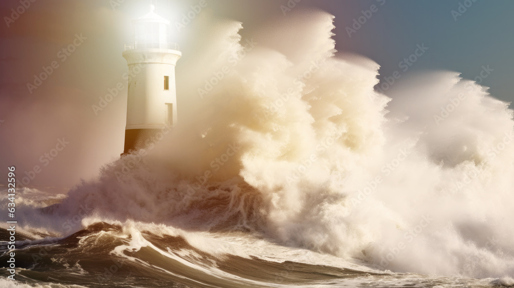 Large lighthouse and storm-filled, large waves hitting the lighthouse, the power of our planet and nature, Generative AI