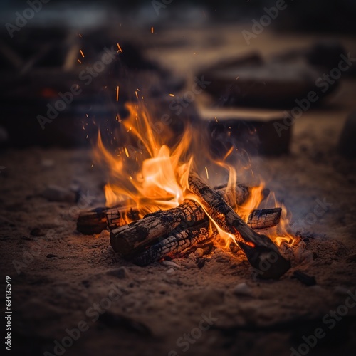 Close up of a fire in a rustic pot on a campfire