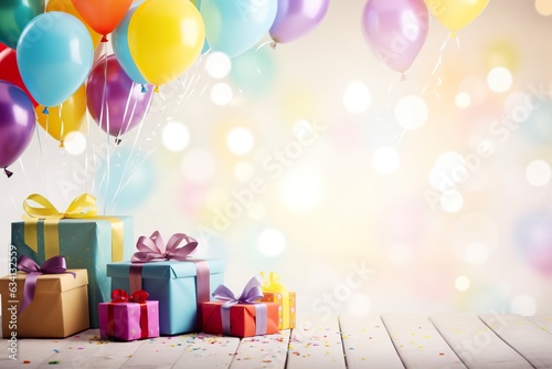 Colorful child birthday card with balloons and gifts, with space for text horizon background