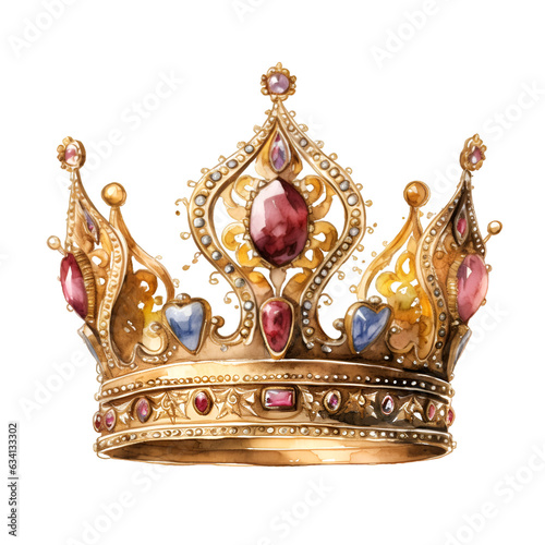 Illustration of watercolor golden royal crown with precious stones. Generative AI, png image