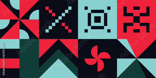 Geometric Wrapping popular squares stickers blocks. Mural trend graphic design Memphis Mixed shapes vector. Retro Flat Maximalism Style. Complex composition.