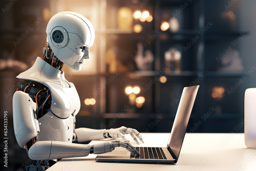 Futuristic robot using computer laptop. Futuristic robot using computer laptop.