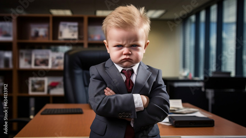 Angry baby wearing business suit office shot