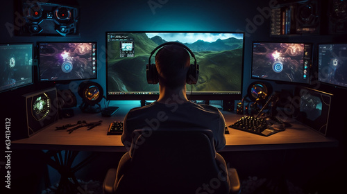 A teeneger boy sitting in room with Ultimat pc gaming setupl lighting