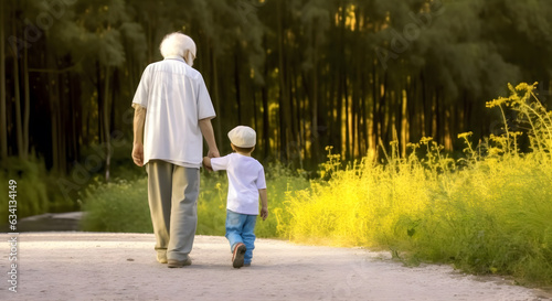 Grandfather walking with grandchild at sunset. Concept of grandfather day, grandparents day.