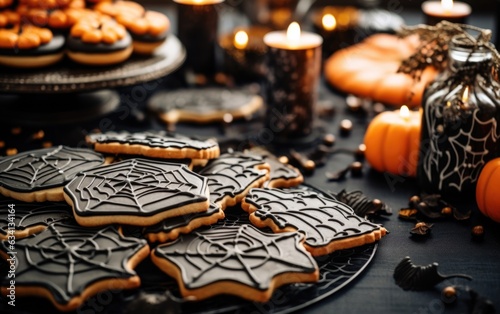 Assortment of handmade Halloween cookies in funny spider cobweb shapes and surrounded by traditional decoration