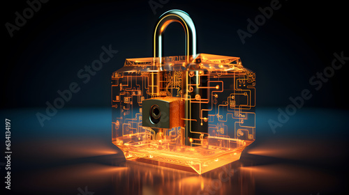 Lock with circuit pattern. Concept of data security and cybersecurity
