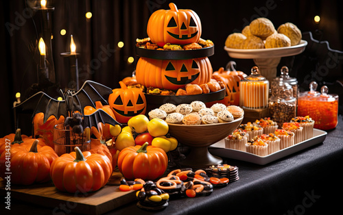 A feast of delicious sweets and Halloween-themed treats beautifully presented over a table. © Joe P