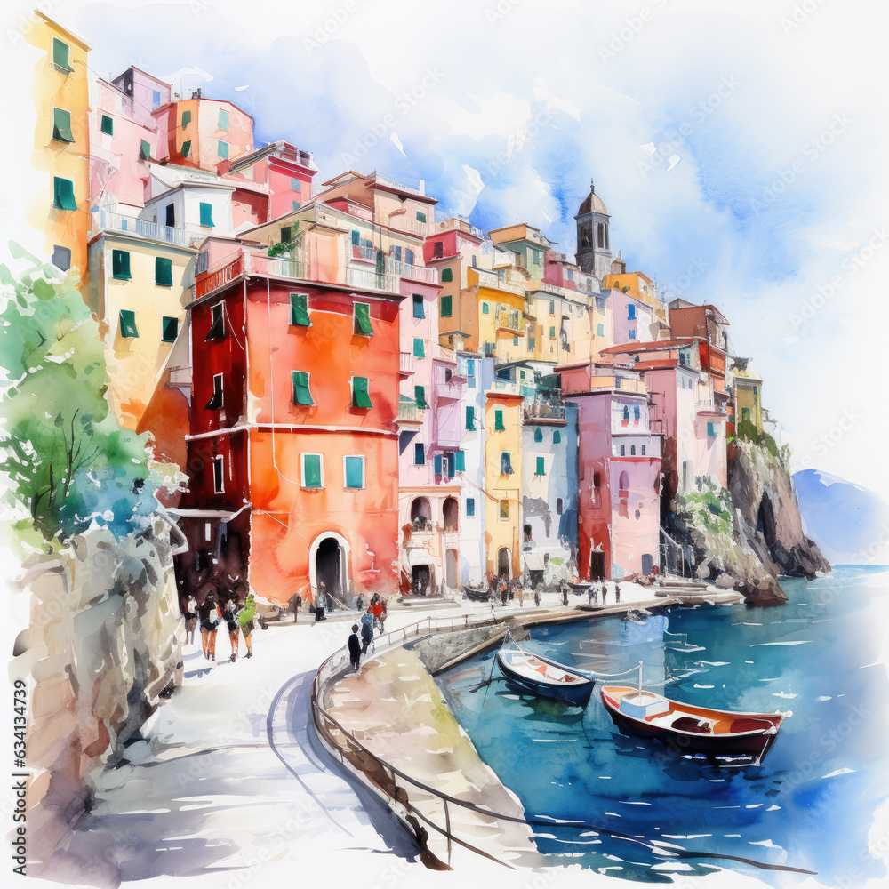 Cinque Terre Watercolor - obrazy, fototapety, plakaty 