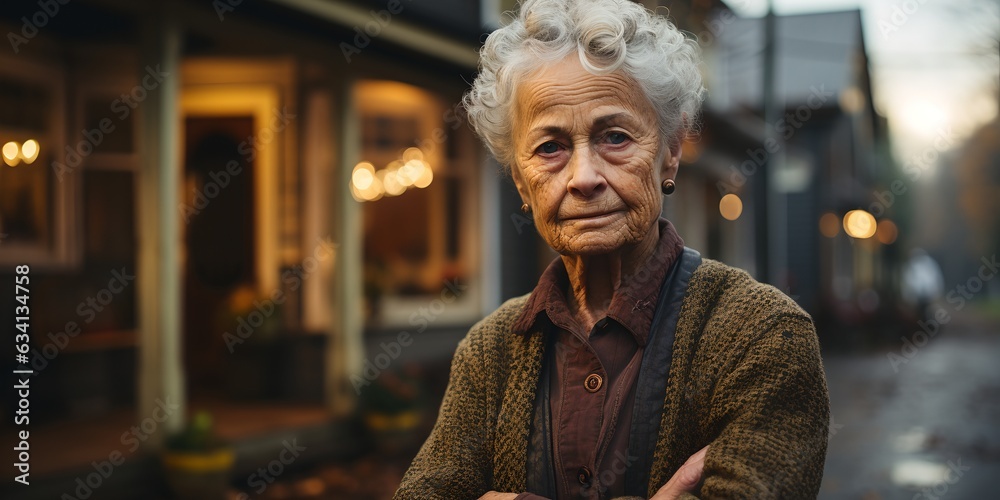 Old woman stands outside her home, generative ai