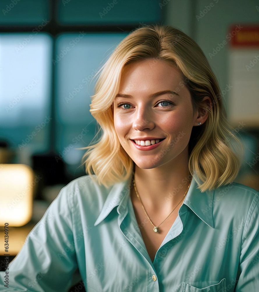 Fototapeta premium Portrait of a young good looking blonde business woman in her 30s smiling and wearing a smart casual blouse with an office environment blurred in the background