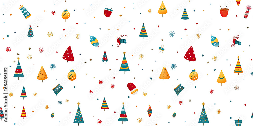 Obraz premium Christmas wallpaper with red caps, green fir trees and flakes