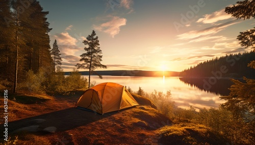 Tourist tent by the lake at sunset, generative AI