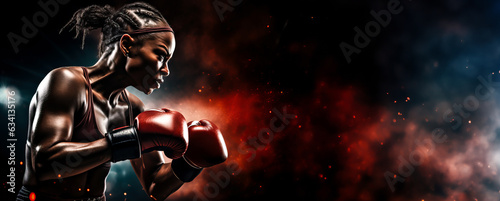 Female Boxer standing in pose and ready to fight. Dark dramatic stadium background. Banner with copy space. Shallow field of view.