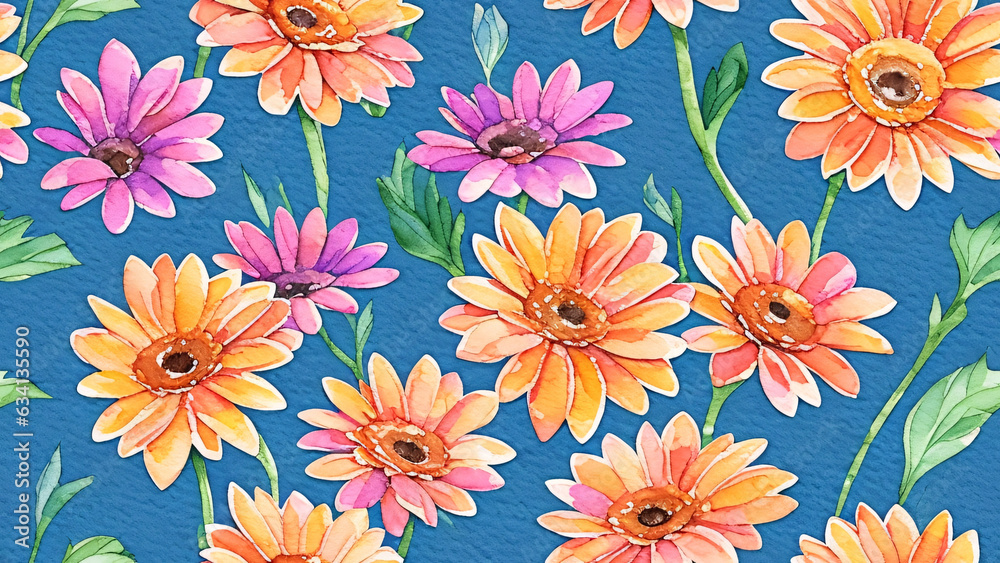 watercolor beautiful Gerbera Daisy flower, tile seamless repeating pattern