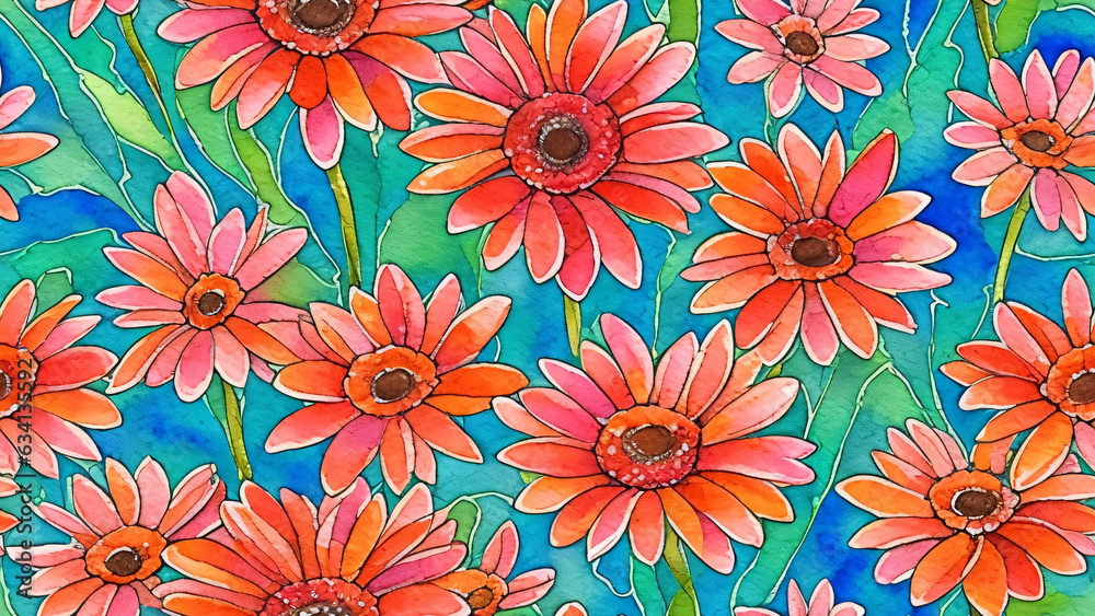watercolor beautiful Gerbera Daisy flower, tile seamless repeating pattern