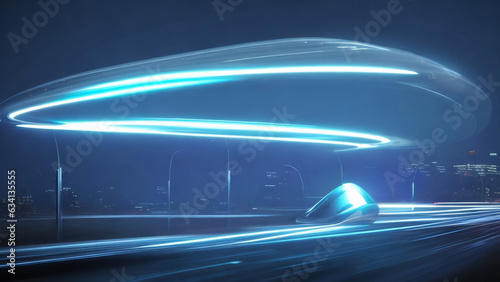 Futuristic blue neon high speed light  magnetic floating car parking dark background