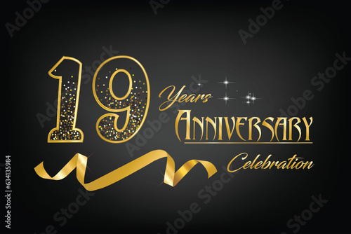 Celebrate the 19th anniversary with gold letters, gold ribbons and confetti on a dark background