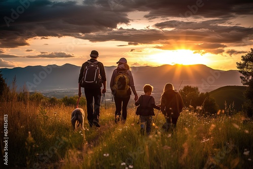 Hiker family , sunset ,Generative AI