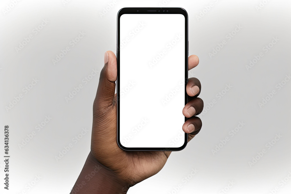 African American Man's hand holding cellphone with an empty blank screen for mock up African American Man's hand holding cellphone with an empty blank screen for mock up