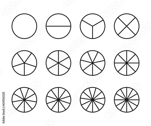 Circles divided in segments from 1 to 12. Segment slice icons set. Vector round 12 section. Pie charts icon.