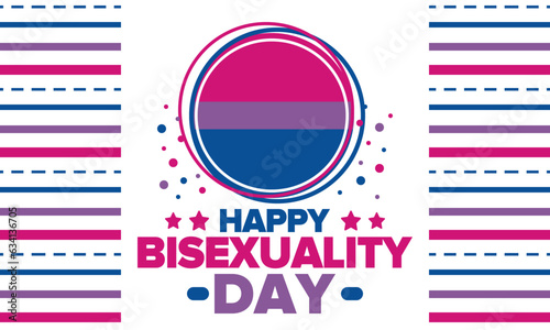Happy Bisexuality Day. Bisexual Pride and Bi Visibility Day. Bisexual flag. Coming out. Celebrated annual in September 23. Festival and parade. Poster, card, banner, template, background. Vector
