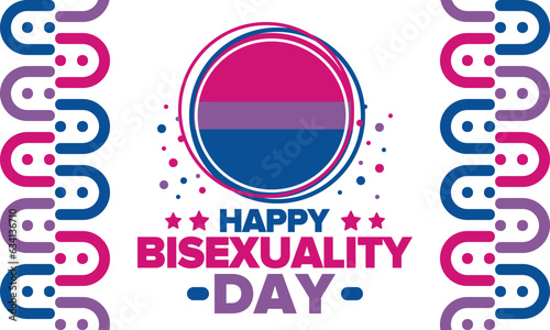 Happy Bisexuality Day. Bisexual Pride and Bi Visibility Day. Bisexual flag. Coming out. Celebrated annual in September 23. Festival and parade. Poster, card, banner, template, background. Vector