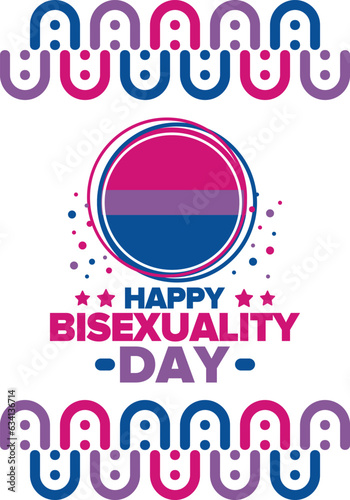 Happy Bisexuality Day. Bisexual Pride and Bi Visibility Day. Bisexual flag. Coming out. Celebrated annual in September 23. Festival and parade. Poster, card, banner, template, background. Vector