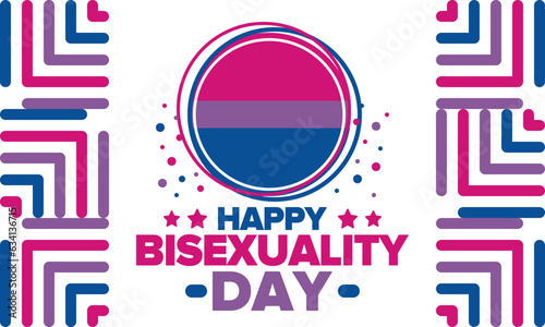 Happy Bisexuality Day. Bisexual Pride and Bi Visibility Day. Bisexual flag. Coming out. Celebrated annual in September 23. Festival and parade. Poster, card, banner, template, background. Vector