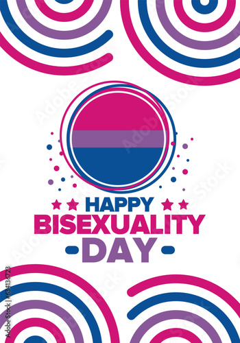 Happy Bisexuality Day. Bisexual Pride and Bi Visibility Day. Bisexual flag. Coming out. Celebrated annual in September 23. Festival and parade. Poster, card, banner, template, background. Vector
