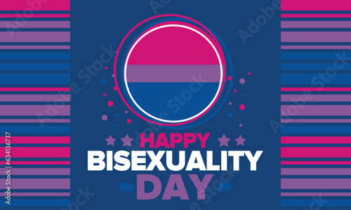 Happy Bisexuality Day. Bisexual Pride and Bi Visibility Day. Bisexual flag. Coming out. Celebrated annual in September 23. Festival and parade. Poster, card, banner, template, background. Vector