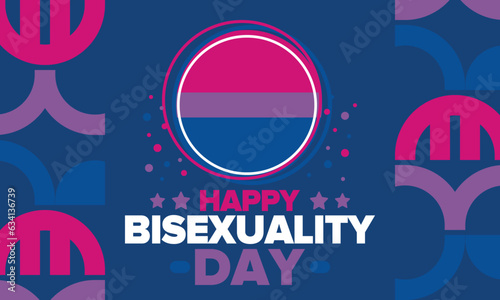 Happy Bisexuality Day. Bisexual Pride and Bi Visibility Day. Bisexual flag. Coming out. Celebrated annual in September 23. Festival and parade. Poster, card, banner, template, background. Vector