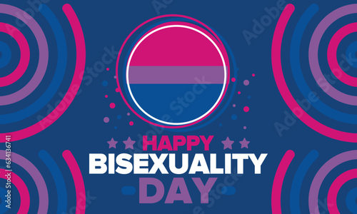 Happy Bisexuality Day. Bisexual Pride and Bi Visibility Day. Bisexual flag. Coming out. Celebrated annual in September 23. Festival and parade. Poster, card, banner, template, background. Vector
