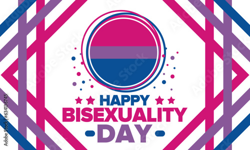 Happy Bisexuality Day. Bisexual Pride and Bi Visibility Day. Bisexual flag. Coming out. Celebrated annual in September 23. Festival and parade. Poster, card, banner, template, background. Vector