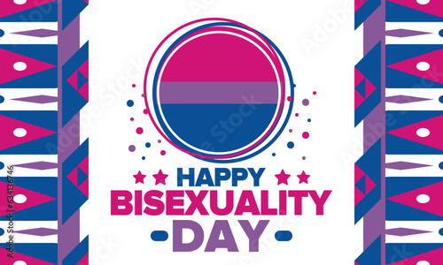 Happy Bisexuality Day. Bisexual Pride and Bi Visibility Day. Bisexual flag. Coming out. Celebrated annual in September 23. Festival and parade. Poster, card, banner, template, background. Vector