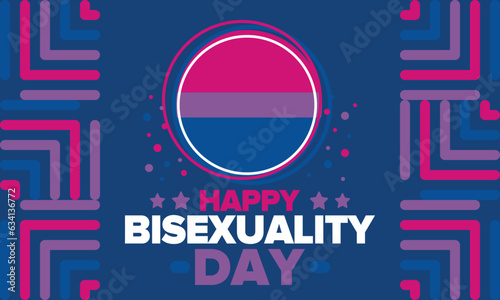 Happy Bisexuality Day. Bisexual Pride and Bi Visibility Day. Bisexual flag. Coming out. Celebrated annual in September 23. Festival and parade. Poster, card, banner, template, background. Vector