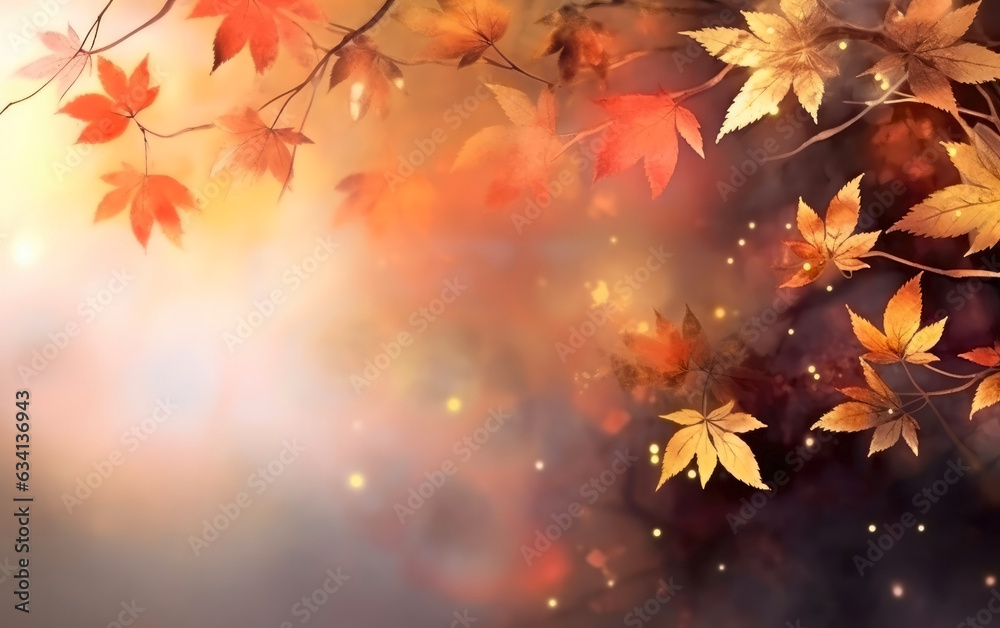 Autumn background with maple leaves and bokeh lights, toned. Generative AI. Autumn background with maple leaves and bokeh lights, toned. Generative AI.
