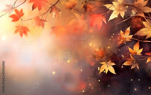 Autumn background with maple leaves and bokeh lights, toned. Generative AI.